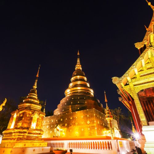 Night view buddhist temple in Chiang Mai, Northern Thailand.